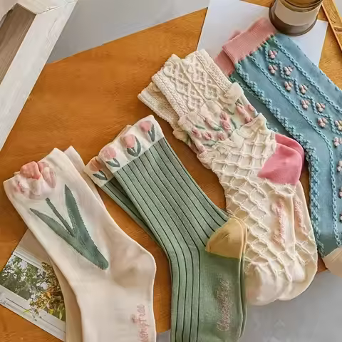 4Pairs Floral Socks Set, Women Cute Flower Geometric 3D Textured Ankle Cotton Blend Cottagecore Luck