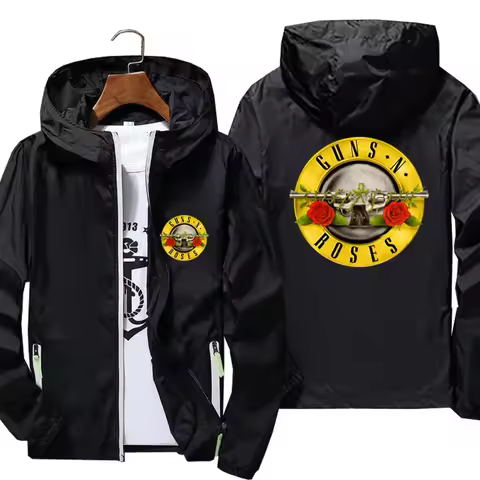 Guns N Roses Heavy Metal Men's Thin Jacket Windbreaker Beach Cycling Camping Zipper Pilot Hooded Spo