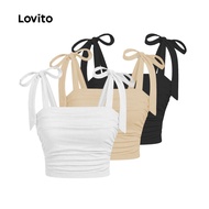 Lovito Casual Tank Top Plain Pleated Crop Tank Top for Women L80ED131 (Multi-color)