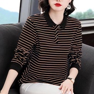 Striped Blouse Plus Size Women's Korean Style Loose Polo Collar Long Sleeve Shirt
