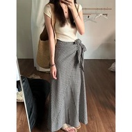經典黑色格紋半身裙 夏季小眾設計感綁帶蝴蝶結包 臀拖地長裙 （平行進口）（快遞送貨上門）
