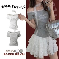 WGWE Studio 9599 Women's Off Shoulder Lace Blouse - Korean Style Bodycon Women's T-Shirt