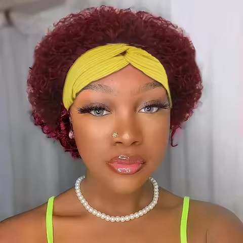 Wine Red 99J Burgundy Color Deep Curl Deep Wave Headband Wig Machine Made Remy Human Hair Wig