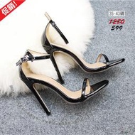 EFP大美人-2023促銷?歐美外貿性感SM女王腳踝一字綁帶11CM圓頭細跟高跟~黑白藍杏紅漆皮大碼35-43碼