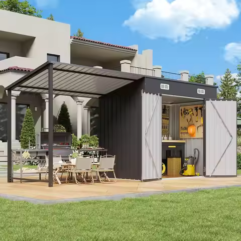 6x4FT Outdoor Metal Shed and Hardtop Gazebo Combo 12x4FT Lean to with PergolaA Black