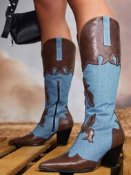 Styleloop 女性時尚和舒服的西部牛仔靴帶對比顏色,尖頭和粗跟