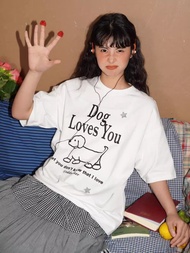 odd maker 狗狗loveyou線條小狗T恤女圓領寬松短袖純棉T恤上衣