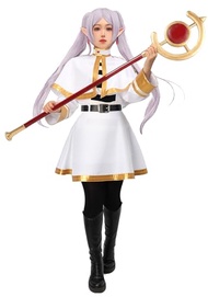 C-ZOFEK Frieren Costume Elf Cosplay Full Set White Cape Skirt Uniform with Pantyhose Belt Earrings a
