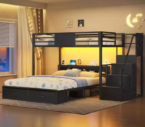 Twin Over Full Bunk Bed with Storage Stairs, 8 Drawers, Black, Customized