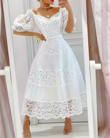 V-Neck Scallop Trim Contrast Lace Flare Dress