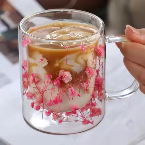 250ml Dried Flower Glass Cup Aesthetic Clear Insulated Glass Coffee Mug Milk Mug Heat Resistant Tea 