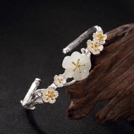 Ethnic Style White Jade Plum Blossom Flower Platinum Plated Ladies Bangle Jewelry For Women New Year
