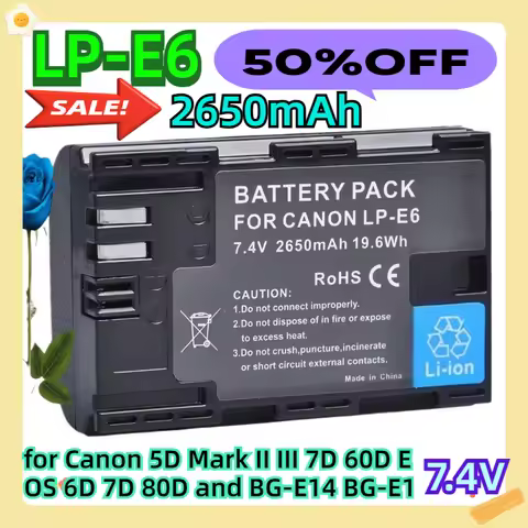 For Canon Accessories 2650mAh LP-E6 Batteries for Canon 5D Mark II III 7D 60D EOS 6D 7D 80D and BG-E
