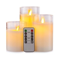 Set of 3 Glass Flameless LED Candles Real Wax Pillars & Moving Flame Wick and Remote with Timer, Bat