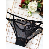 Rope Strap Gauze Briefs - Dahlia Flower Hollow Design, Semi-Transparent, Black Sexy Panties