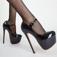 รองเท้าส้นสูง17ซม. สำหรับผู้หญิงแพลตฟอร์ม2022Sp ฤดูใบไม้ร่วงสายรัดหนังแก้วสีแดงสีดำรองเท้าหัวมนติดสาย