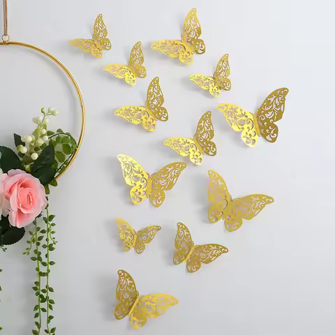 New Hollow 3D Butterfly Wall Stickers 3 Layers Gold RoseGold Decorative Butterflies for Wedding Birt