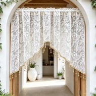 White Flower Woven Lace Short Curtain Swag Valance with Luxury Beads for Arched Door Rod Pocket Scal