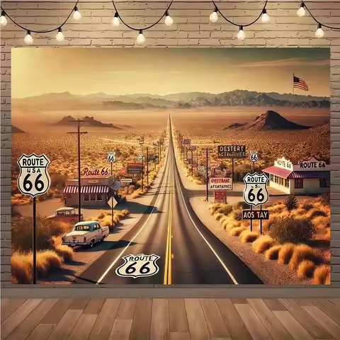 1, Route 66 background cloth, background decoration, room, photo studio prop - suitable for home dec