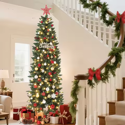6/7.5/9/12 FT Pre-Lit Pencil Christmas Tree Artificial Slim Christmas Tree With LED Light Realistic 
