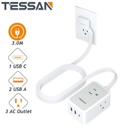 【ส่งไวจากไทย】TESSAN สีดำ ขาว รางปลั๊กไฟ 3 ช่อง USB-C ปลั๊กไฟ 1.5 เมตร 3.0 เมตร ปลั๊กสามตาแบน 2200W 10A [TS-1021-C]