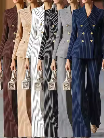 Elegant Women's Suit Set Navy Blue Pants Wide Leg Trousers Double Breasted Slacks Tailored Fit Dress