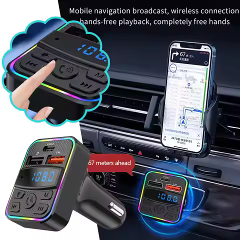 Bluetooth 5.0 Car FM Transmitter Type-C Dual USB Ambient Type-C Wireless Charger Light Player MP3 Ha
