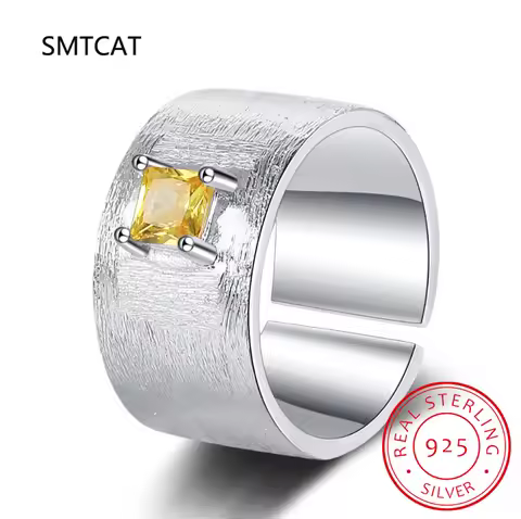 Real 925 Sterling Silver Square Citrine Gemstone Frosted Wide Opening Ring For Women Wedding Party F