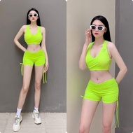 Women's sports aerobic yoga gym clothes include bra with padding and multi-colored stretchy poly ela