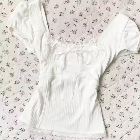 Deeptown Sweet Kawaii White T-shirts Women Shoujo Fashion Coquette Bow Short Sleeve Tees Korean Styl