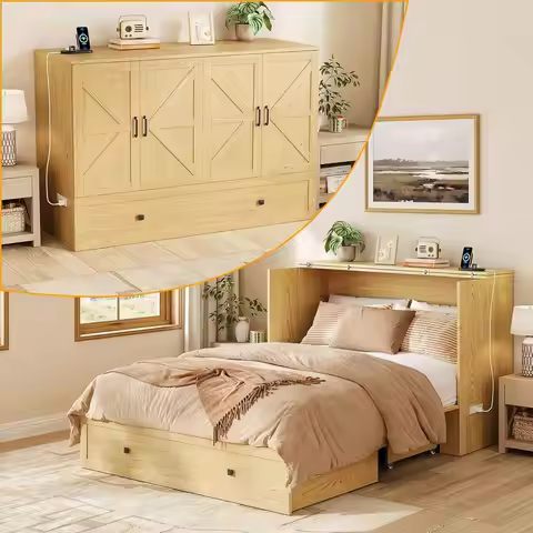 Armhouse Queen Size Murphy Bed with Charging Station, Natural | Built-in Charging Station, Foldable 
