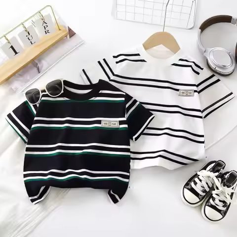 2025 Summer New Boys' Striped T-Shirts Value Children Girls Tops Short Sleeve O-Neck Cotton Kids Clo