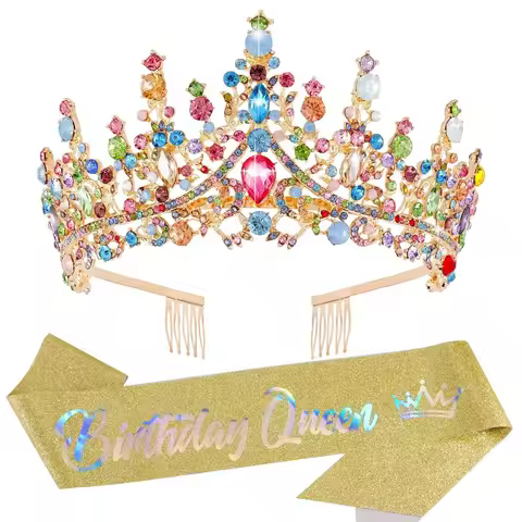 Colourful Crystal Birthday Queen Tiara Crown for Women Girls Birthday Queen Headband Sash Elegant Cr