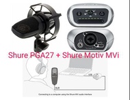 Shure PGA27 電容咪 ＋Shur Motiv MVi 數碼轉換器Shure PG Alta 27 話筒實現專業品質的音訊，可用於包括嗓音、聲學樂器聲、鼓聲和增強電子樂器聲等。PG Alta 