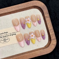 10pcs Handmade Press on Nails Crystal Striped Almond French Nail Art Fake Nails Tips Wearable 3D Car