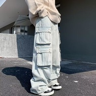 กางเกงยีนส์ผู้ชาย American Street ล้างกางเกงหลวมๆขาตรงหลวม High Street Casual กางเกงสำหรับนักเรียน  