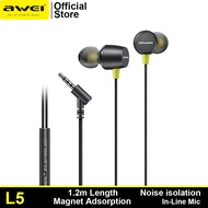 Awei L5 Wired Earphone 3.5mm Jack Explosive Bass Earbuds with Mic Noise Isolation HiFi Stereo Magnetic Adsorption