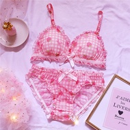 Cute Japanese Bras Briefs Underwear Set Lolita Girl Pink Plaid Flower Mesh Sexy Strawberry Print Bra &amp; Panties Lingerie Set