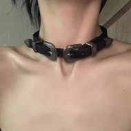 Y2K Heavy Duty Punk Choker, Black Double Buckle Leather Collar, Adjustable Edgy Necklace for Baddie 