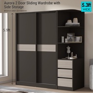 Synergy House Aurora 2 Door Sliding Wardrobe 5.9ft Height with Side Storage - Almari 2 Pintu  -Almari Baju -Side Storage