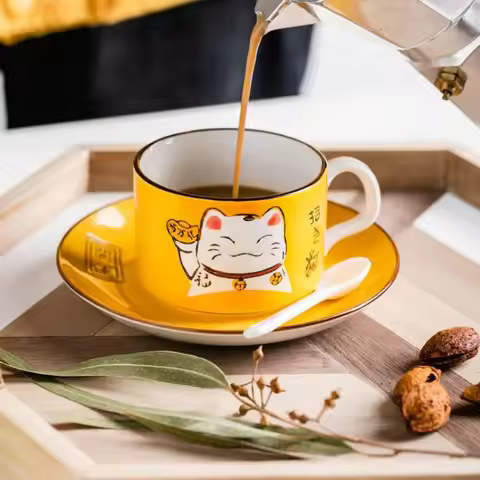 Coffee Cup Waterware Lucky Cat Dish Saucer Spoon Set Gift Box Japanese Green Handle Cartoon Tea Drin