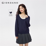 GIORDANO Women Sweaters Fake 2-Piece Smooth Soft Sweaters Contrasting U-Neck 14-Gauge Knit Fashion C