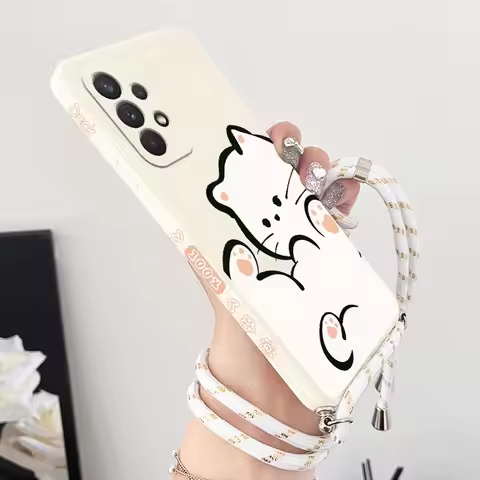 White Cloud Cat Crossbody Lanyard Silicone Phone Case For Samsung Galaxy A54 A53 A52S A52 A34 A33 A3
