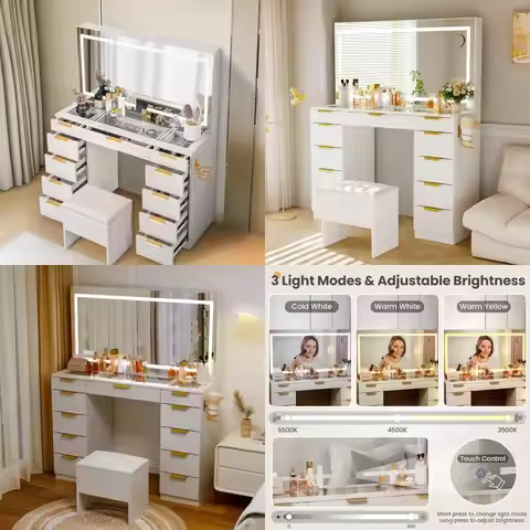 eleven-drawer vanity desk with gold handles, silent slides mirror, 3-mode led light, glass top