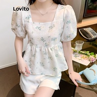 CODDAE35U6Áo sơ mi nữ cổ vuông xếp nếp họa tiết hoa đơn giản Lovito LNE11076 (nhiều màu)RES3RD