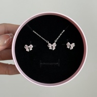 Suwann.na.shop [ราคาต่อคู่] สร้อยคอ สร้อยคอเงินแท้ ต่างหู ต่างหูเงินแท้ โบว์เพชรชมพู