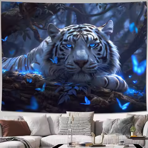 VIKAMA Fantasy Forest White Tiger Tapestry Butterfly Living Room Sofa Natural Style Children's Room 