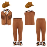 Moily Children Cowboy Cowgirl Outfit V Neckline Tassels Vest with Flared Pants Printed Bandana and C