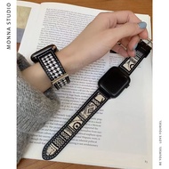 Ready stock Suitable For Apple Apple iwatch Generation Niche Canvas Houndstooth Genuine Leather se W