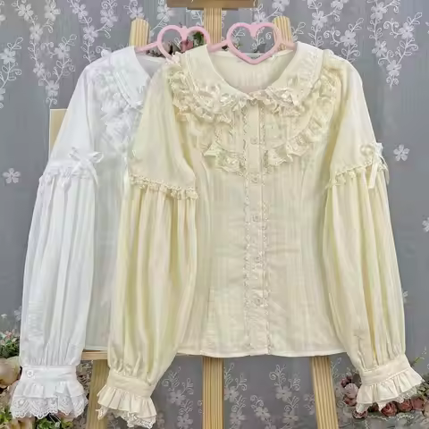 Lolita Kawaii Blouses Peter Pan Collar Long-Sleeve Blouse Lace Ruffle Women Casual Harajuku Subcultu